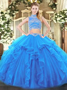 Spectacular Baby Blue Tulle Backless Quinceanera Gowns Sleeveless Floor Length Beading and Ruffles
