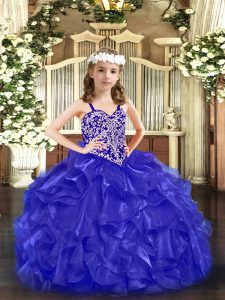 Straps Sleeveless Girls Pageant Dresses Floor Length Beading and Ruffles Blue Organza