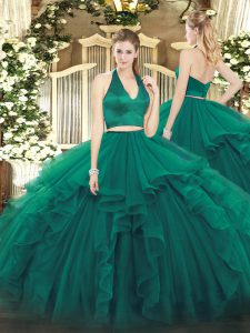 Floor Length Dark Green Sweet 16 Dresses Organza Sleeveless Ruffles