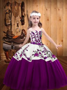 Super Floor Length Lace Up Little Girls Pageant Dress Eggplant Purple for Sweet 16 and Quinceanera with Embroidery