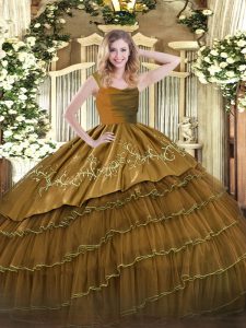 Luxury Ball Gowns 15 Quinceanera Dress Brown Straps Satin and Organza Sleeveless Floor Length Zipper