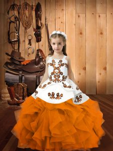Amazing Orange Ball Gowns Embroidery and Ruffles Little Girl Pageant Gowns Lace Up Organza Sleeveless Floor Length