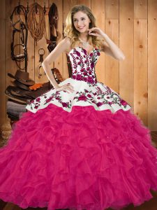 Ideal Floor Length Lace Up 15th Birthday Dress Hot Pink for Military Ball and Sweet 16 and Quinceanera with Embroidery a