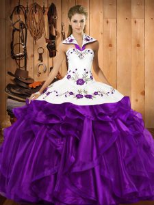 Modest Embroidery and Ruffles Ball Gown Prom Dress Purple Lace Up Sleeveless Floor Length