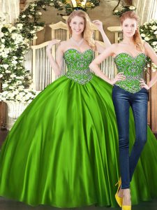 Green Sleeveless Floor Length Beading Lace Up Sweet 16 Dresses