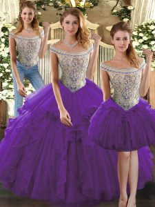Super Purple Organza Lace Up Vestidos de Quinceanera Sleeveless Floor Length Beading and Ruffles