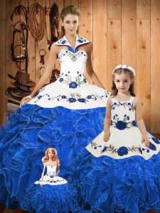 Admirable Ball Gowns 15 Quinceanera Dress Blue Halter Top Tulle Sleeveless Floor Length Lace Up