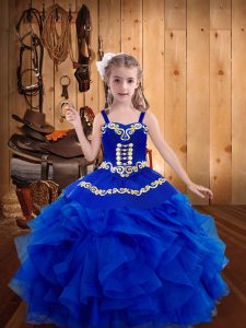 Royal Blue Straps Lace Up Embroidery and Ruffles Pageant Dress Sleeveless