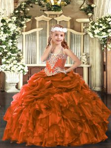 Gorgeous V-neck Sleeveless Kids Pageant Dress Floor Length Beading and Ruffles and Pick Ups Rust Red Organza