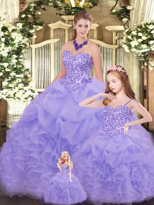 Ideal Floor Length Lavender Quinceanera Dress Organza Sleeveless Beading and Ruffles