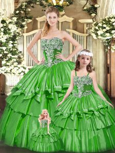 Most Popular Green Sleeveless Organza Lace Up 15 Quinceanera Dress for Military Ball and Sweet 16 and Quinceanera