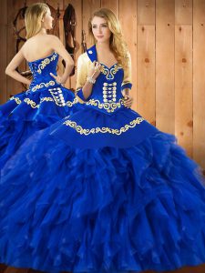 Best Blue Lace Up Sweetheart Embroidery and Ruffles Vestidos de Quinceanera Satin and Organza Sleeveless