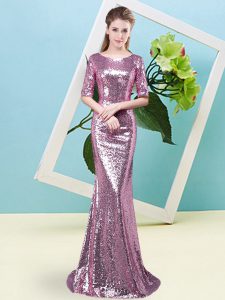 Fuchsia Sequined Zipper Prom Dress Half Sleeves Floor Length Sequins
