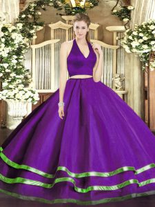 Sleeveless Tulle Floor Length Zipper Sweet 16 Quinceanera Dress in Purple with Ruffled Layers