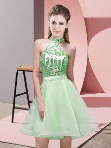 Custom Design Apple Green A-line Sequins Quinceanera Dama Dress Backless Chiffon Sleeveless Mini Length
