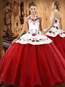 Fashionable Wine Red Ball Gowns Halter Top Sleeveless Satin and Tulle Floor Length Lace Up Embroidery Vestidos de Quince