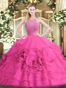 Hot Pink Ball Gowns Tulle Halter Top Sleeveless Beading and Ruffled Layers Floor Length Zipper Quince Ball Gowns