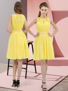 Scoop Sleeveless Dama Dress for Quinceanera Knee Length Sequins Yellow Chiffon