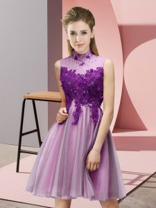 Modern Sleeveless Tulle Knee Length Lace Up Wedding Party Dress in Lilac with Appliques