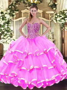 Sweet Organza Sweetheart Sleeveless Lace Up Beading and Ruffled Layers Quince Ball Gowns in Rose Pink