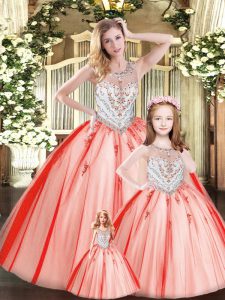 Floor Length Lace Up Sweet 16 Dresses Red for Military Ball and Sweet 16 with Beading