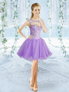 Lavender Scoop Neckline Beading Dress for Prom Sleeveless Lace Up