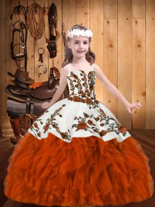 Dramatic Rust Red Organza Lace Up Little Girls Pageant Dress Sleeveless Floor Length Beading and Embroidery