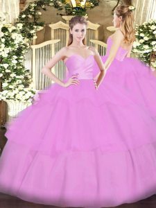 Designer Lilac Lace Up Quinceanera Gowns Beading and Ruffled Layers Sleeveless Floor Length