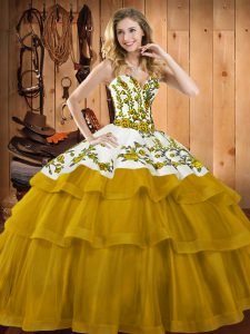 Lace Up 15 Quinceanera Dress Gold for Military Ball and Sweet 16 and Quinceanera with Embroidery Sweep Train