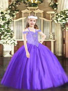 Dazzling Floor Length Lavender Glitz Pageant Dress Tulle Sleeveless Beading