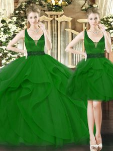 Deluxe Floor Length Lace Up Vestidos de Quinceanera Green for Military Ball and Sweet 16 and Quinceanera with Beading an