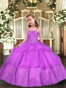 Custom Made Floor Length Lace Up Girls Pageant Dresses Lilac for Sweet 16 and Quinceanera with Beading and Ruffled Layer