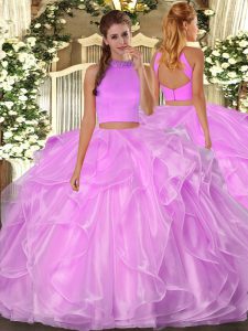 Halter Top Sleeveless Organza Ball Gown Prom Dress Beading and Ruffles Backless