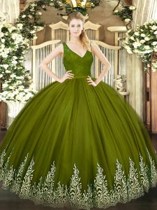 Olive Green Sleeveless Floor Length Beading and Lace and Appliques Backless Ball Gown Prom Dress