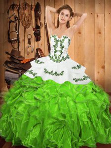 Satin and Organza Lace Up Strapless Sleeveless Floor Length Sweet 16 Dress Embroidery and Ruffles