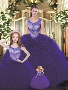 Simple Dark Purple Sleeveless Tulle Lace Up 15th Birthday Dress for Military Ball and Sweet 16 and Quinceanera