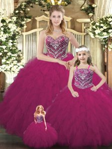 Discount Fuchsia Sweet 16 Dresses Military Ball and Sweet 16 and Quinceanera with Beading and Ruffles Sweetheart Sleevel