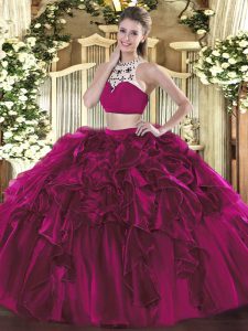 Sophisticated Floor Length Fuchsia Quinceanera Dress Tulle Sleeveless Beading and Ruffles