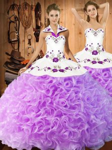 Sumptuous Fabric With Rolling Flowers Halter Top Sleeveless Lace Up Embroidery Sweet 16 Quinceanera Dress in Lilac
