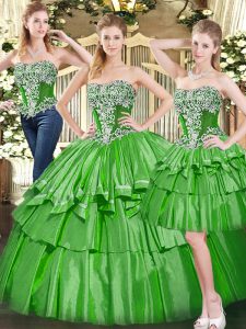 Sleeveless Floor Length Beading and Ruffled Layers Lace Up Quinceanera Dress with Green
