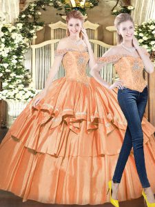 Custom Designed Orange Red Sleeveless Organza Lace Up Ball Gown Prom Dress for Military Ball and Sweet 16 and Quinceaner