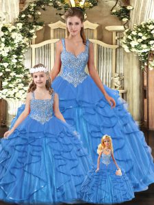 Hot Selling Baby Blue Lace Up Straps Beading and Ruffles 15th Birthday Dress Tulle Sleeveless