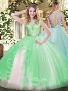 Dramatic Apple Green Sleeveless Lace and Ruffles Floor Length 15 Quinceanera Dress
