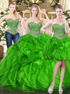Exceptional Green Ball Gown Prom Dress Military Ball and Sweet 16 and Quinceanera with Beading and Ruffles Sweetheart Sl