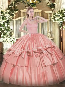 Great Coral Red Straps Zipper Beading and Ruffled Layers Quinceanera Dresses Sleeveless