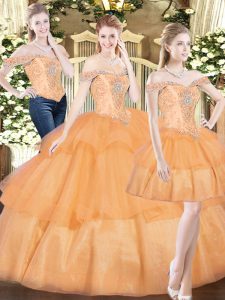 Glorious Floor Length Orange Red Sweet 16 Dress Organza Sleeveless Beading and Ruffled Layers