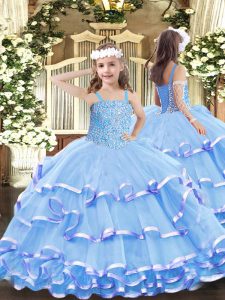Floor Length Ball Gowns Sleeveless Aqua Blue Kids Pageant Dress Lace Up