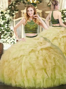 Modest Organza Halter Top Sleeveless Zipper Beading and Ruffles Sweet 16 Quinceanera Dress in Yellow Green