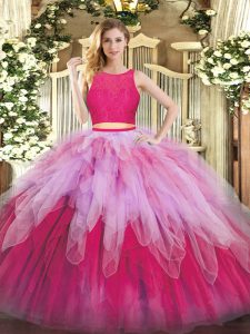 Multi-color Sleeveless Floor Length Lace and Ruffles Zipper Quince Ball Gowns