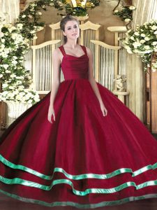 Floor Length Zipper Sweet 16 Dress Red for Sweet 16 and Quinceanera with Ruffled Layers